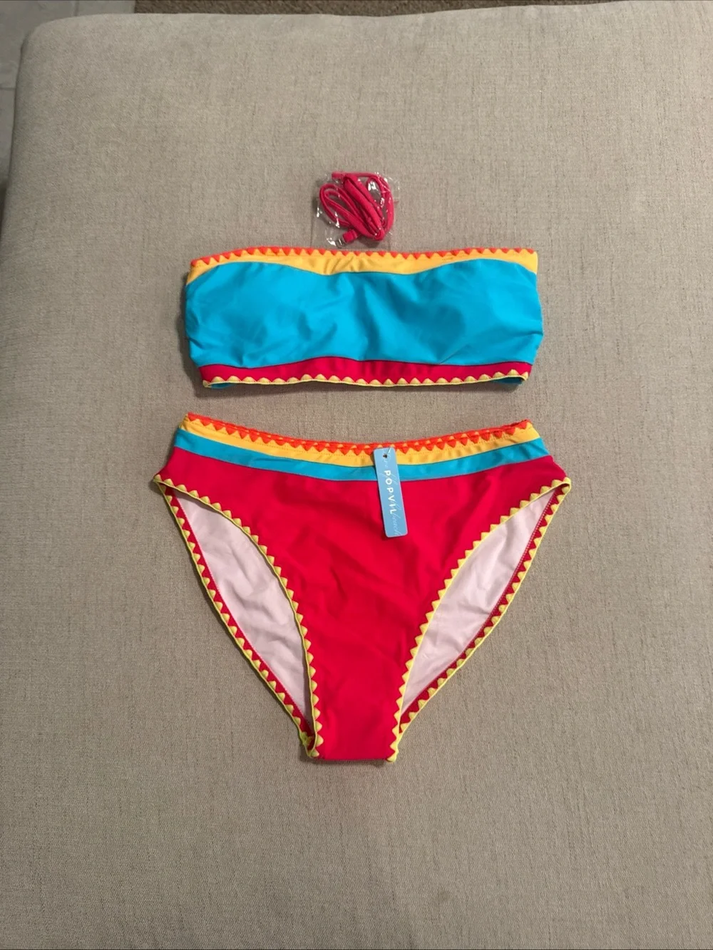 Girls' Colorblock Bandeau Bikini Set in Blue, Red & Yellow
